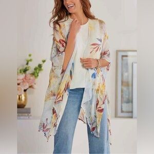 Soft Surroundings Lula Boho Floral Beaded Trim Beach Topper Coverup Kimono S/M